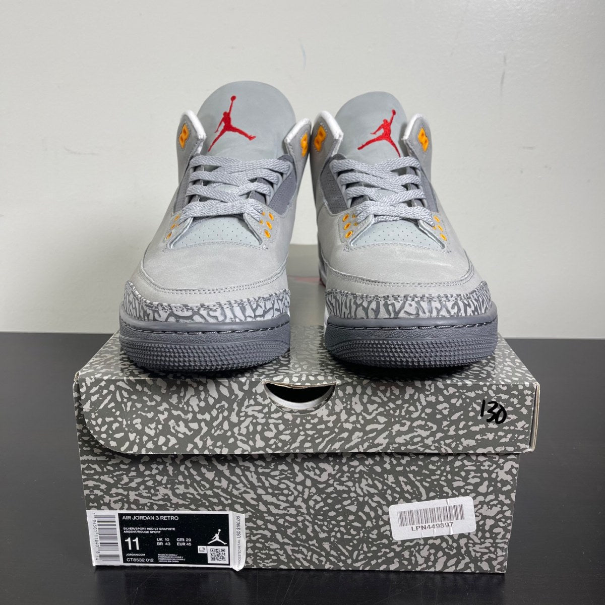Jordan 3 Retro Cool Grey (2021) 11 (Moderately Worn Pre-Owned)JordanSilver/Light Graphite-Orange Peel-Sport Red - Image 2