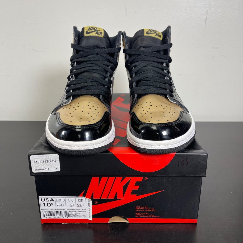 Jordan 1 Retro High NRG Patent Gold Toe 10.5 (Moderately Worn Pre-Owned)JordanBlack/Metallic Gold-Summit White - Image 2
