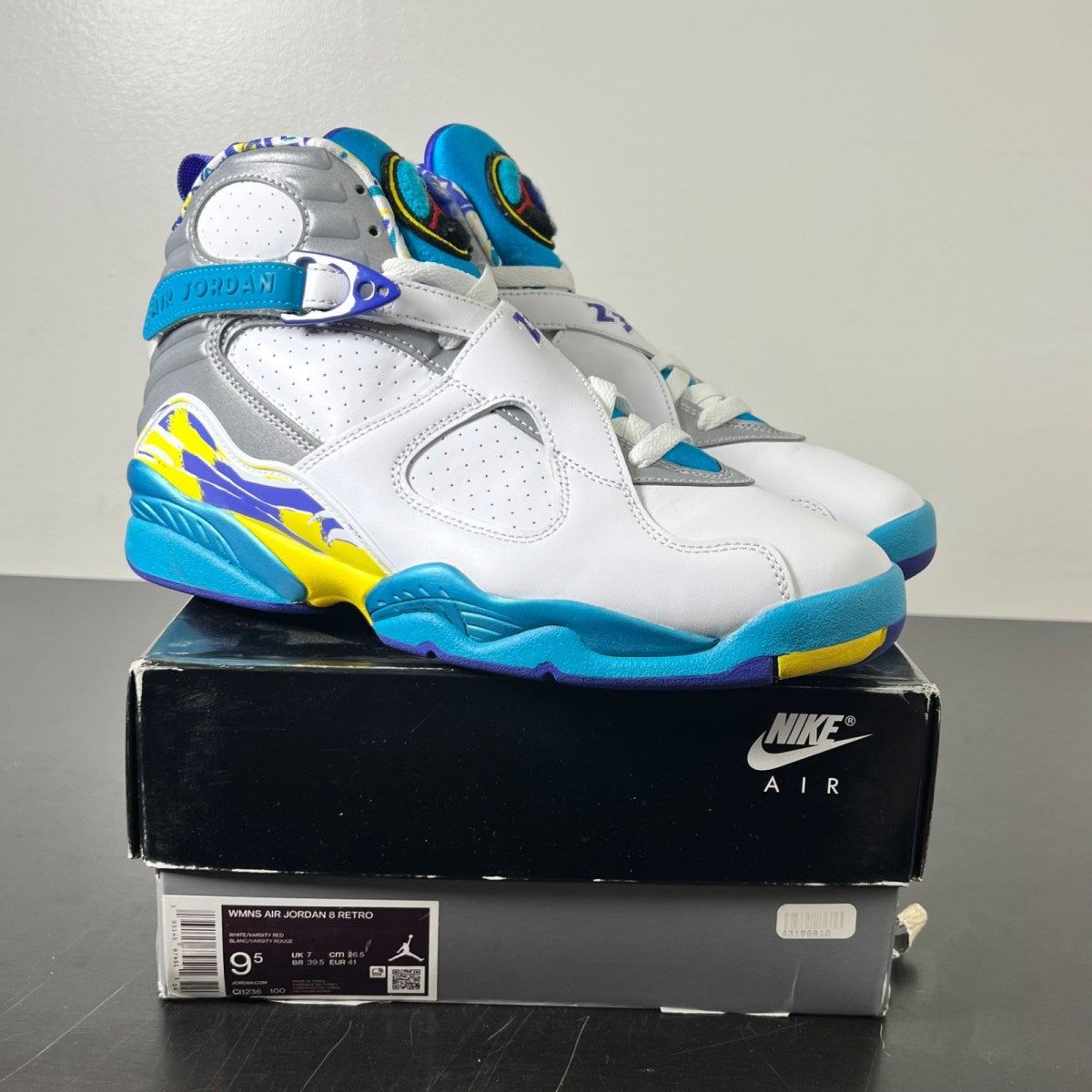 Jordan 8 Retro White Aqua (2019) (Women's) 9.5W (Lightly Worn Pre-Owned)JordanWhite/Varsity Red-Bright Concord-Aquatone - Image 1
