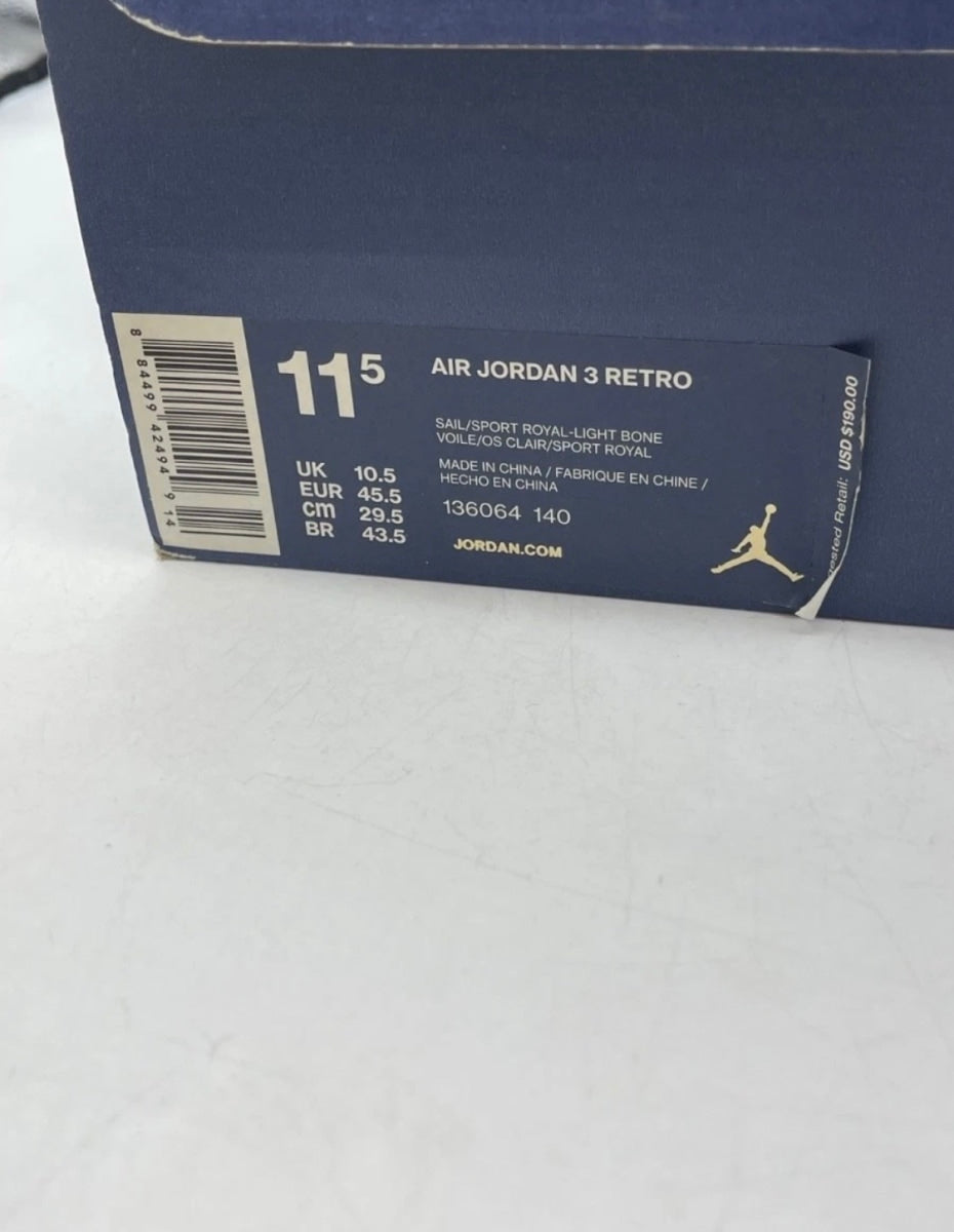 Jordan 3 Retro International Flight 11.5 (Heavily Worn Pre-Owned)JordanSail/Sport Royal-Light Bone-Fire Red - Image 9