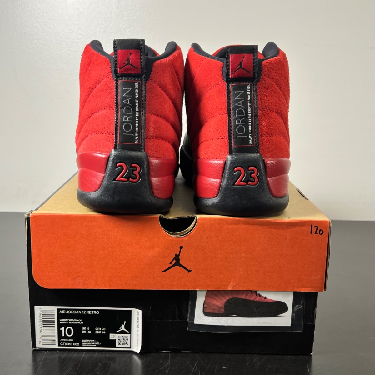 Jordan 12 Retro Reverse Flu Game 10 (Lightly Worn Pre-Owned)JordanVarsity Red/Black - Image 5