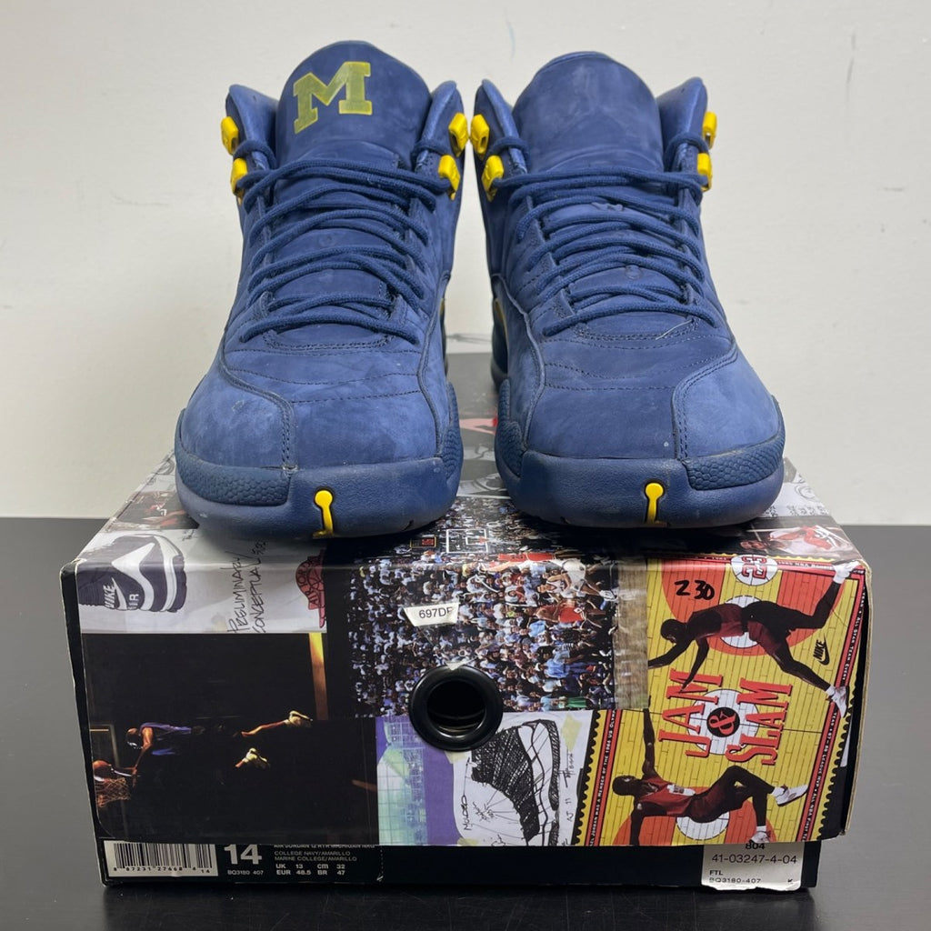 Jordan 12 Retro Michigan 14 (Moderately Worn Pre-Owned)JordanCollege Navy/Amarillo - Image 2