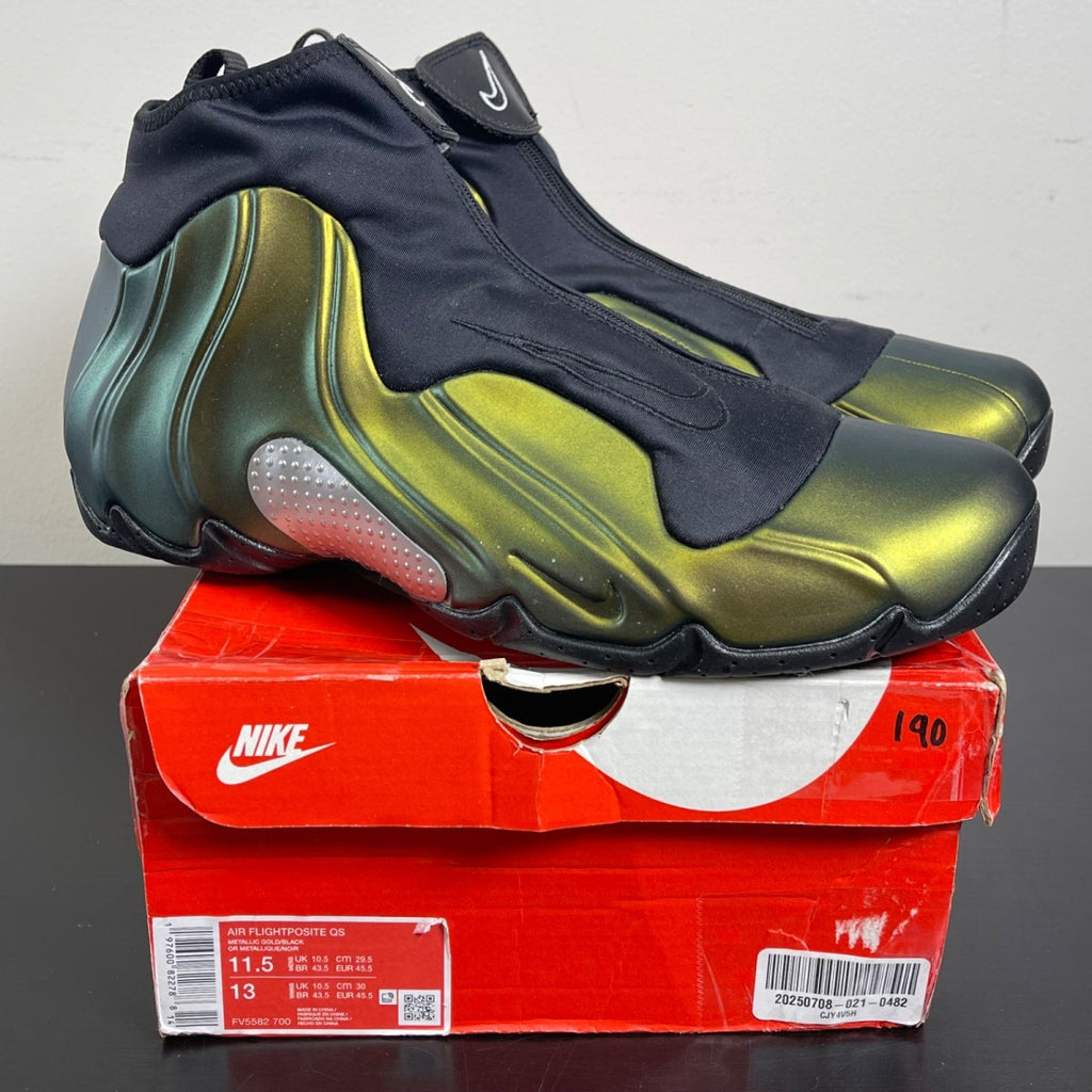 Nike Air Flightposite Metallic Gold (2024) 11.5 (Moderately Worn Pre-Owned)NikeMetallic Gold/Black/Metallic Silver/White/Black - Image 1