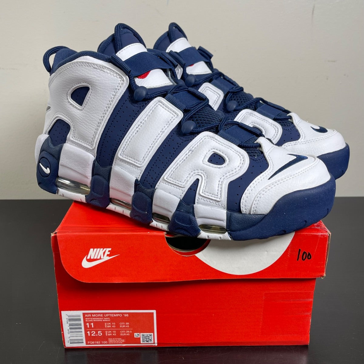 Nike Air More Uptempo 96 Olympic (2024) 11 (Moderately Worn Pre-Owned)NikeWhite/Midnight Navy/Metallic Gold/University Red - Image 1