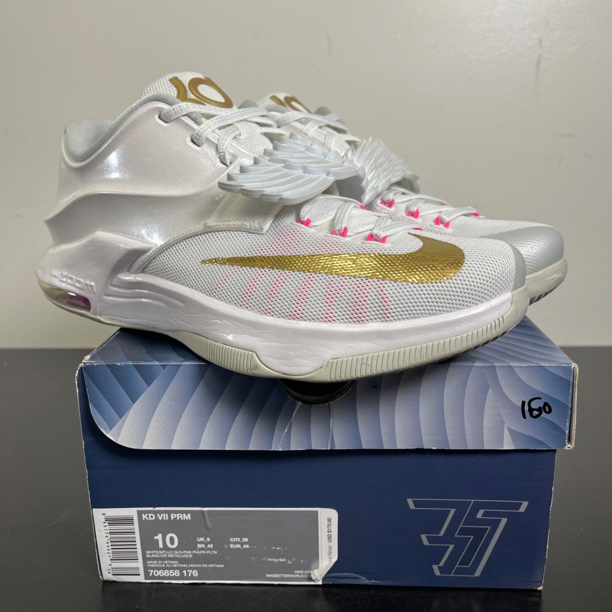 Nike KD 7 Aunt Pearl 10 (Moderately Worn Pre-Owned)NikeWhite/Metallic Gold-Pink Pow-Pure Platinum - Image 1