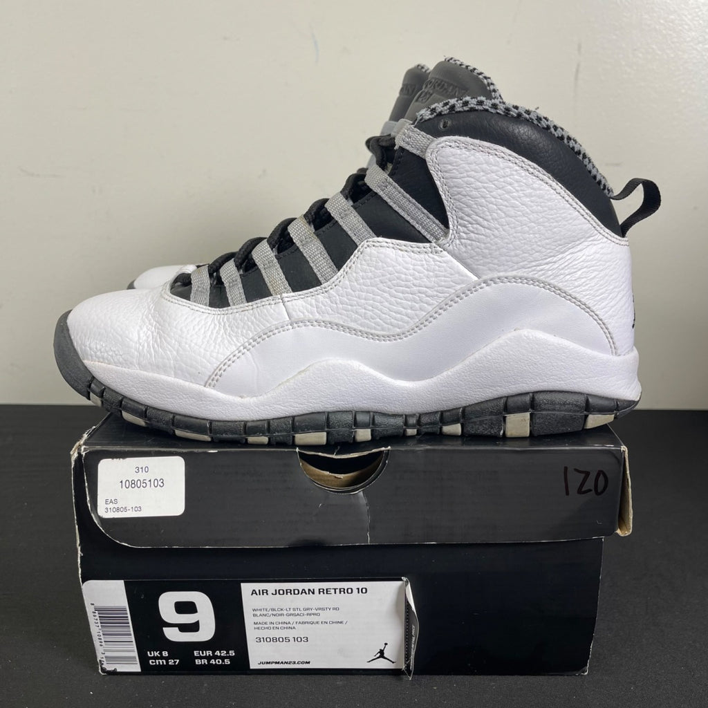 Jordan 10 Retro Steel (2013) 9 (Moderately Worn Pre-Owned)JordanWhite/Black-Light Steel Grey-Varsity Maize - Image 3