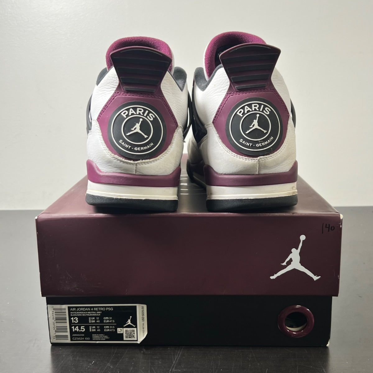 Jordan 4 Retro PSG Paris Saint-Germain 13 (Heavily Worn Pre-Owned)JordanWhite/Black-Metallic Gold-Bordeaux - Image 4