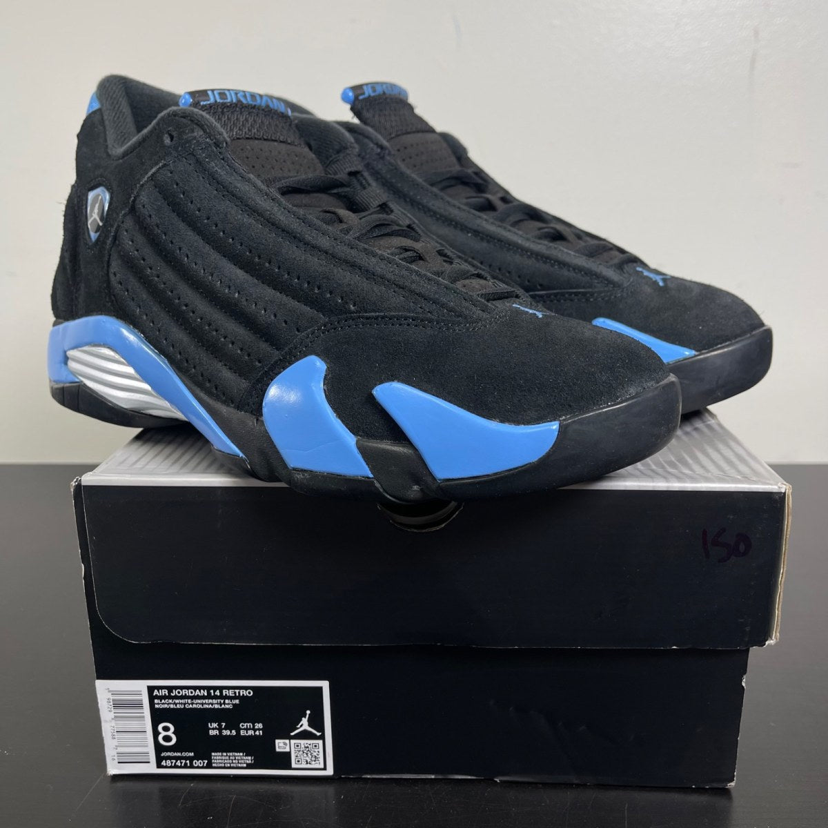 Jordan 14 Retro Black University Blue (2026) 8 (Moderately Worn Pre-Owned)JordanBlack/White/University Blue/Metallic Silver - Image 1