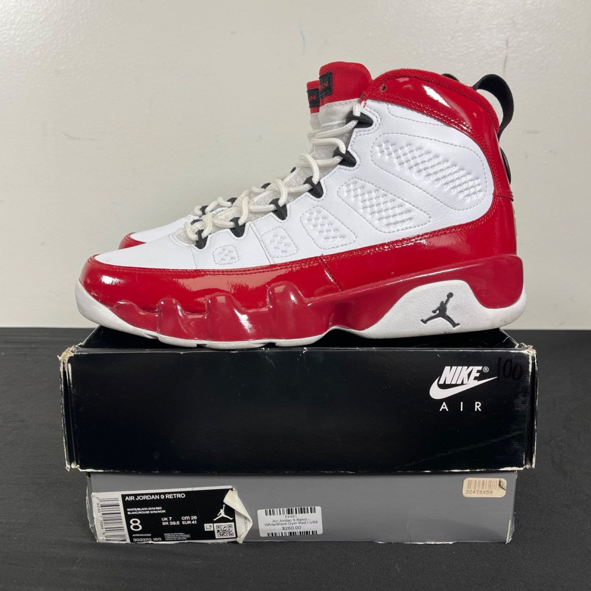 Jordan 9 Retro White Gym Red (Size 8) Moderately Worn - Image 3