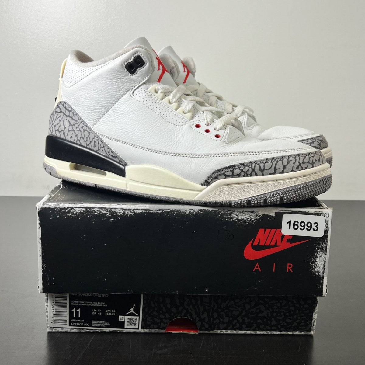 Jordan 3 Retro White Cement Reimagined 11 (Moderately Worn Pre-Owned)JordanSummit White/Fire Red/Black/Cement Grey - Image 1