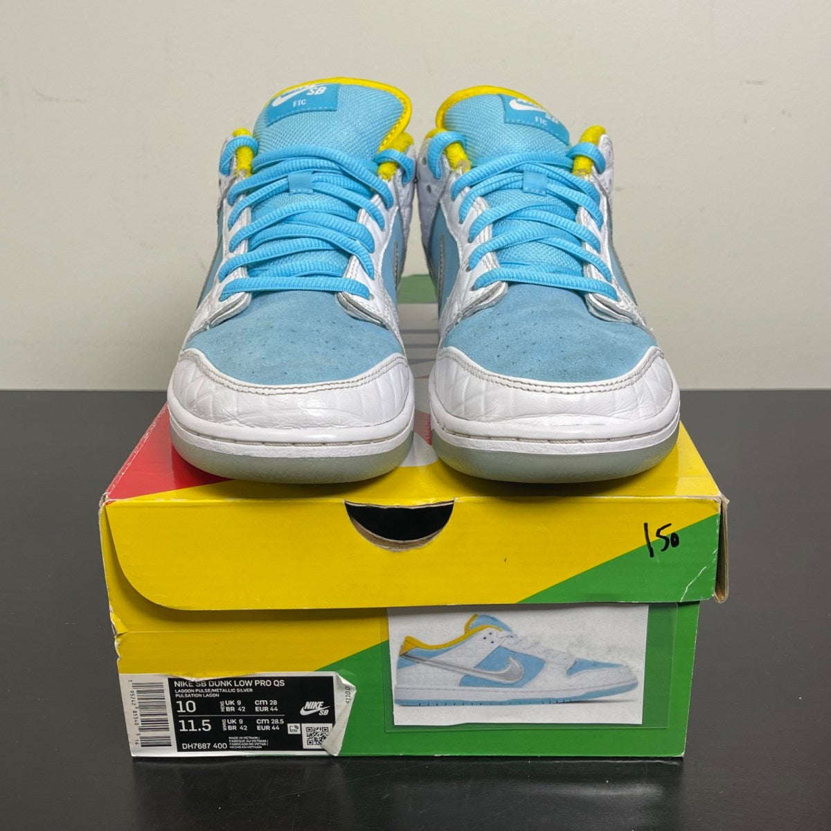 Nike SB Dunk Low FTC Lagoon Pulse 10 (Moderately Worn Pre-Owned)NikeWhite/Lagoon Pulse-Metallic Silver-Speed Yellow - Image 2