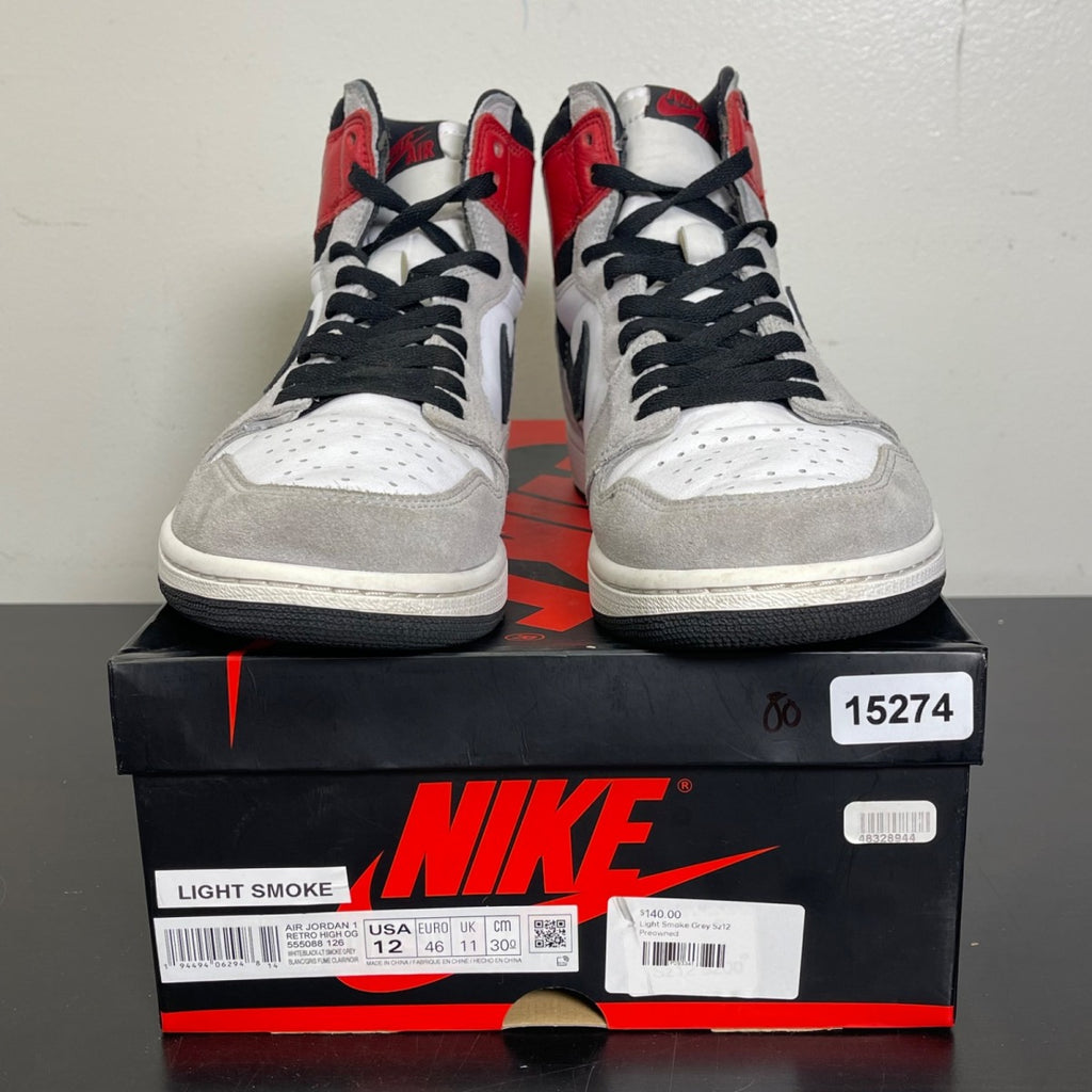 Jordan 1 Retro High Light Smoke Grey 12 (Moderately Worn Pre-Owned)JordanWhite/Black-Light Smoke Grey-Varsity Red - Image 2