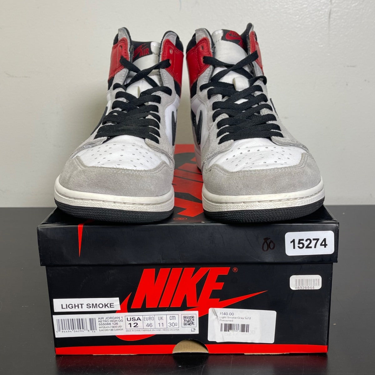 Jordan 1 Retro High Light Smoke Grey 12 (Moderately Worn Pre-Owned)JordanWhite/Black-Light Smoke Grey-Varsity Red - Image 2