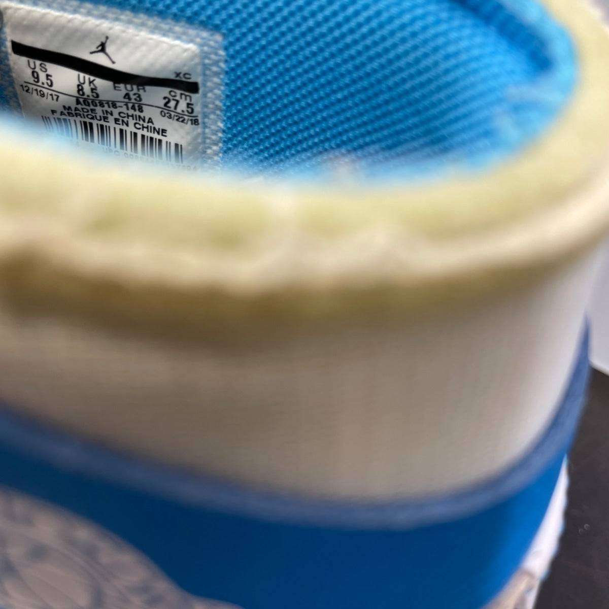 Jordan 1 Retro High Off-White University Blue 9.5 (Moderately Worn Pre-Owned)JordanWhite/Dark Powder Blue-Cone - Image 6