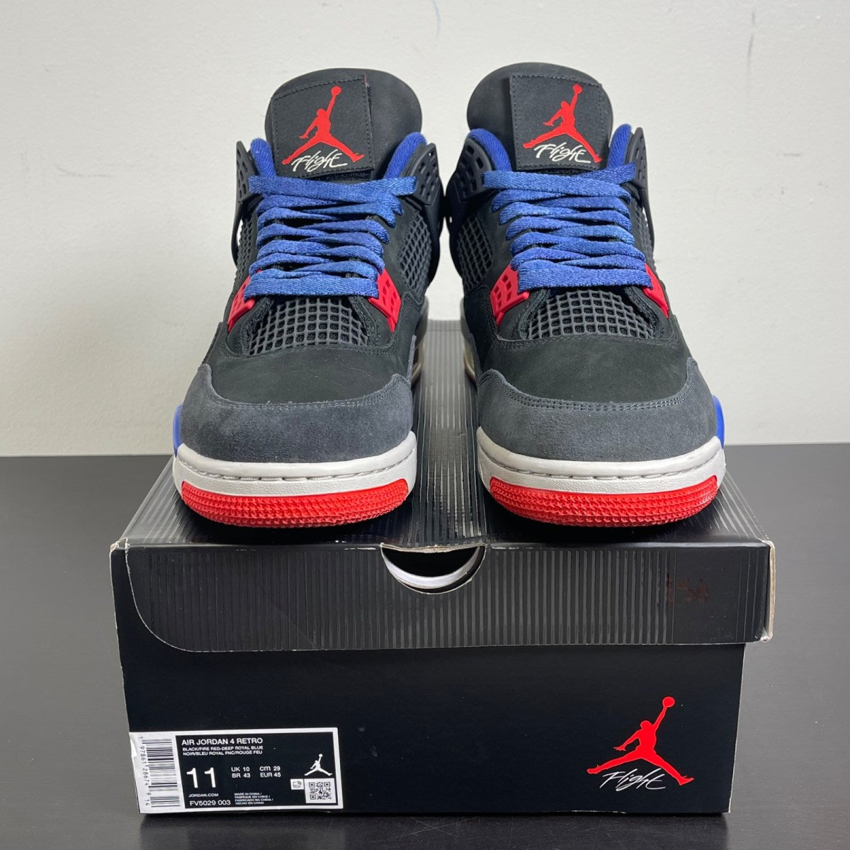 Jordan 4 Retro Rare Air (Gold Lettering) 11 (Moderately Worn Pre-Owned)JordanBlack/Fire Red/Deep Royal Blue/Dark Smoke Grey/Tech Grey - Image 2
