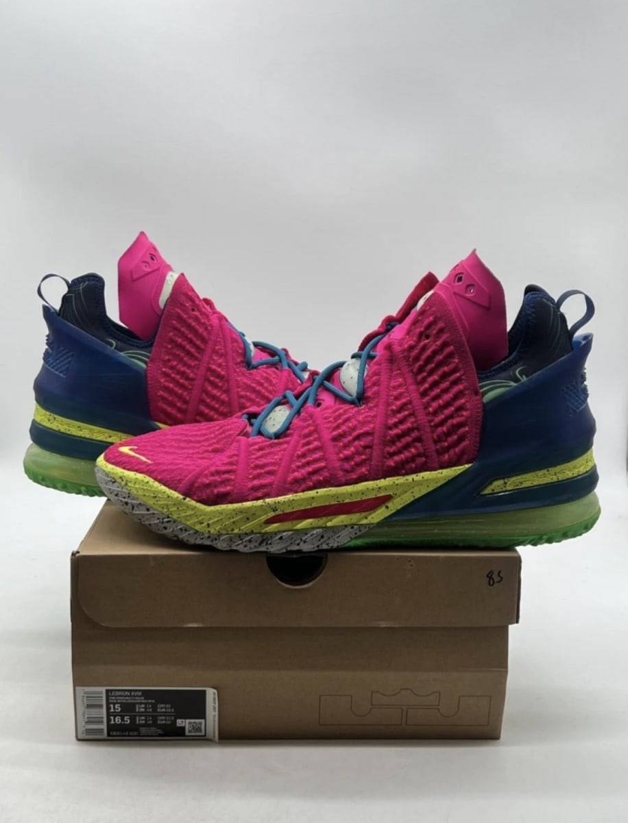 Nike LeBron 18 Los Angeles By Night 15 (Moderately Worn Pre-Owned)NikePink Prime/Multi-Color-Blue Void - Image 1