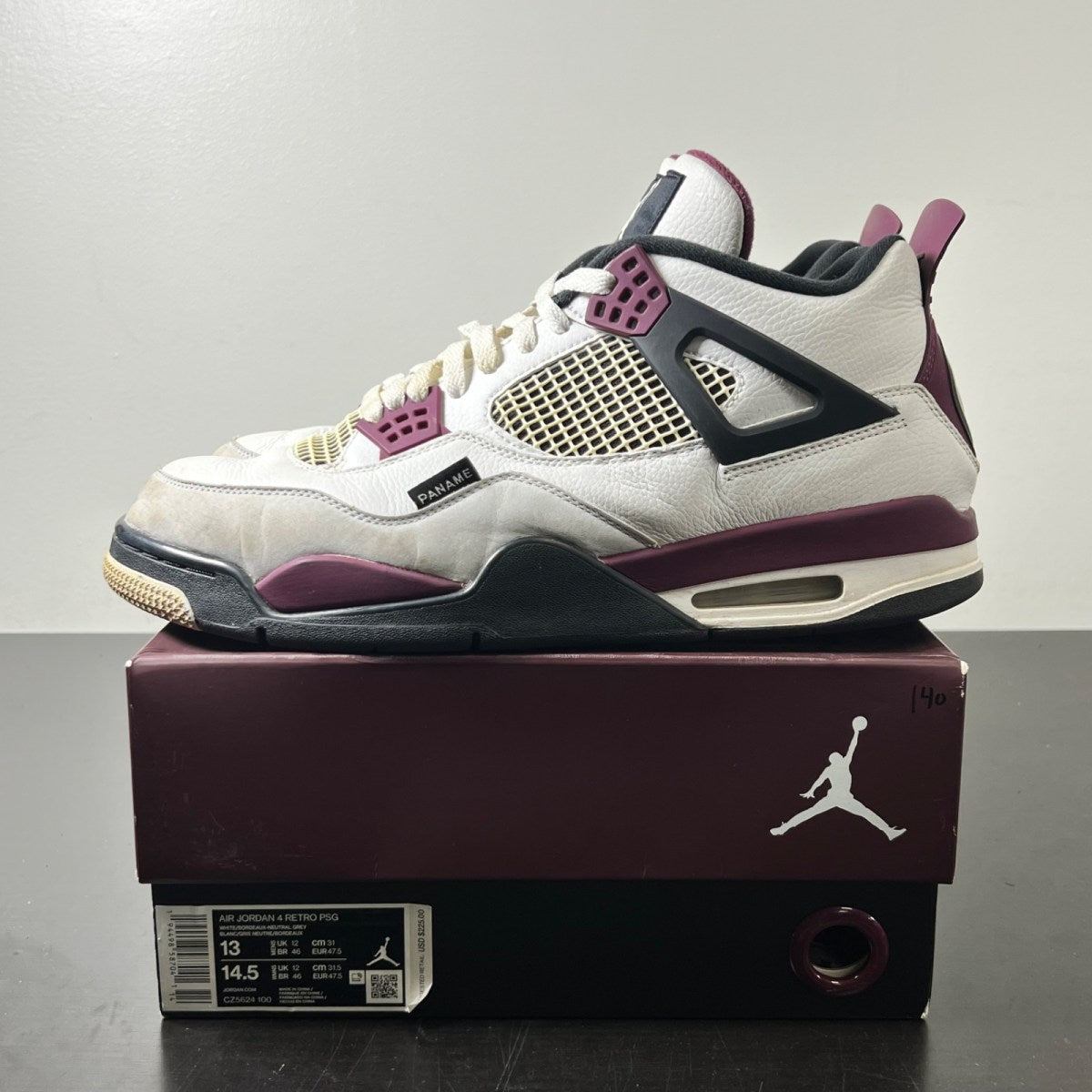 Jordan 4 Retro PSG Paris Saint-Germain 13 (Heavily Worn Pre-Owned)JordanWhite/Black-Metallic Gold-Bordeaux - Image 3