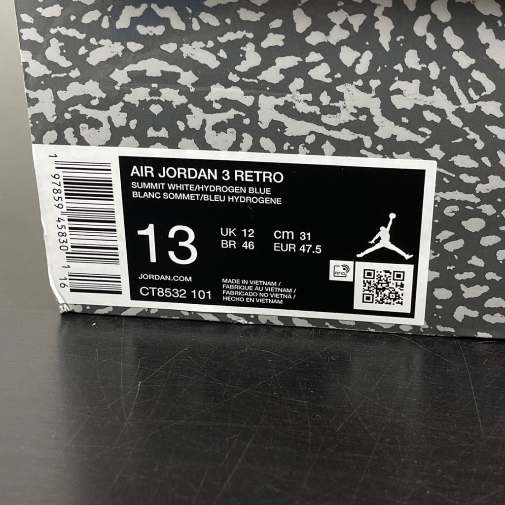Jordan 3 Retro Lucky Shorts 13 (Moderately Worn Pre-Owned)JordanSummit White/Hydrogen Blue-Legend Blue-Photon Dust-Pure Platinum-Sail - Image 7