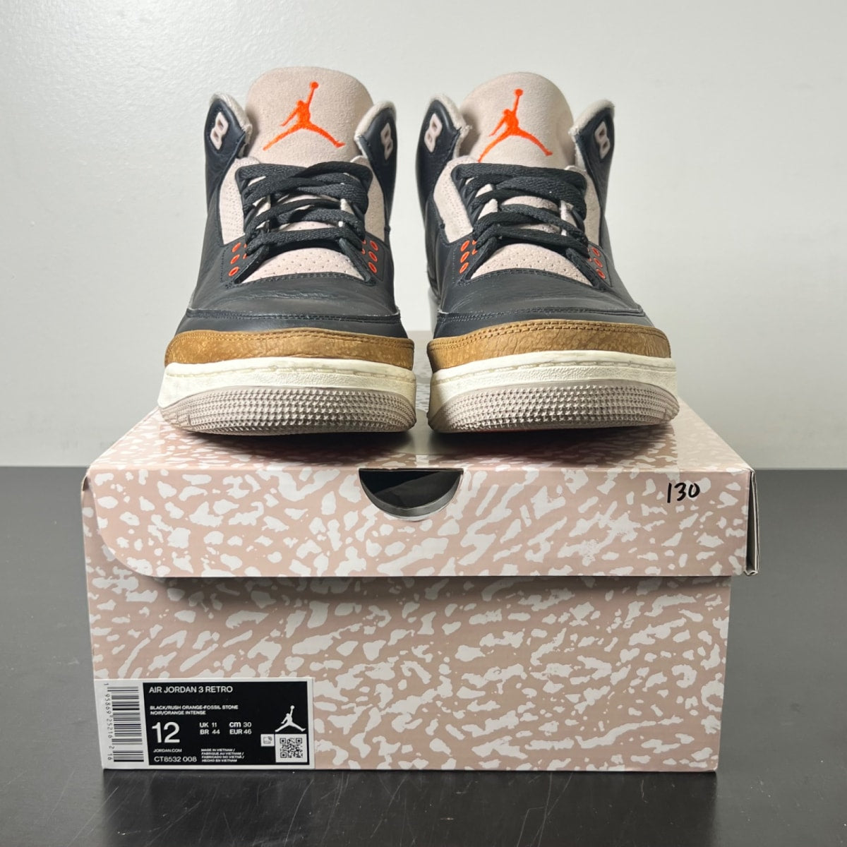 Jordan 3 Retro Desert Elephant 12 (Lightly Worn Pre-Owned)JordanBlack/Rush Orange/Fossil Stone/Sail - Image 2