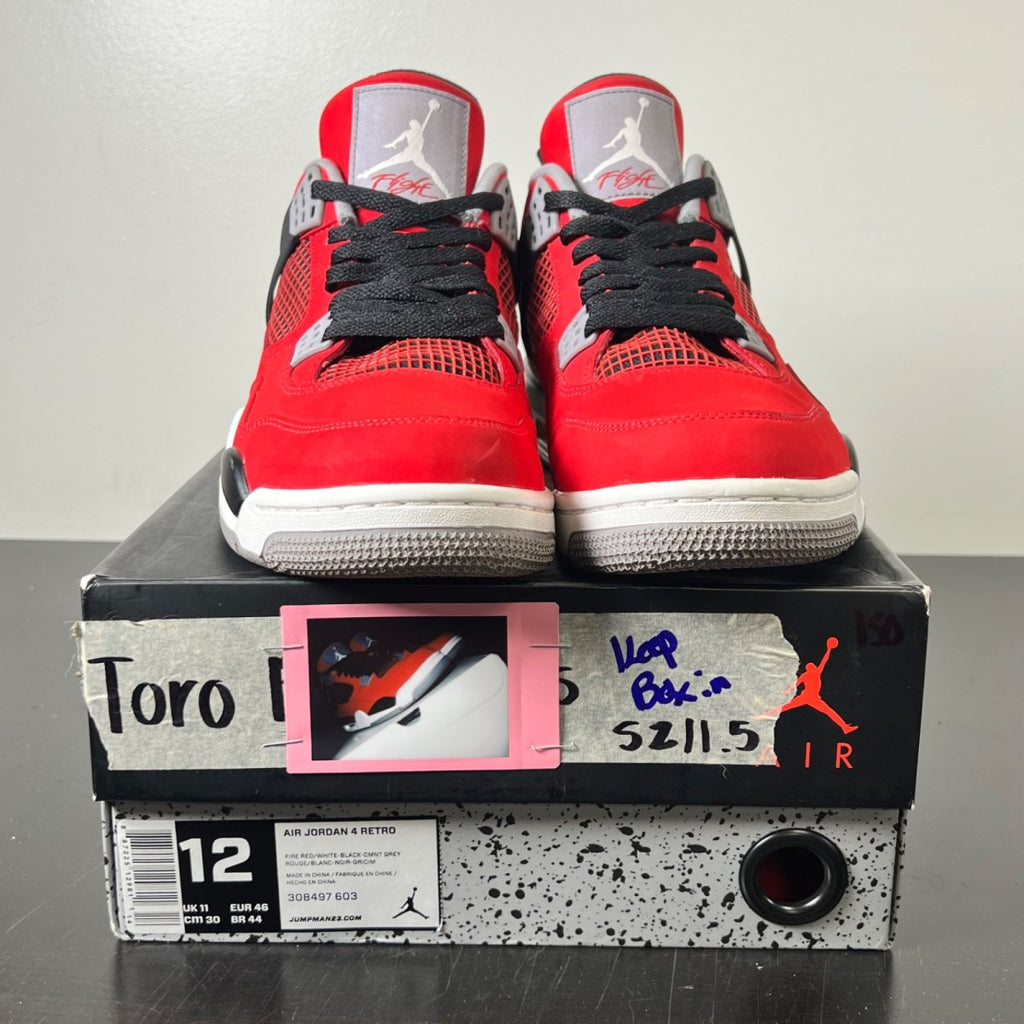 Jordan 4 Retro Toro Bravo 12 (Lightly Worn Pre-Owned)JordanFire Red/White-Black-Cement Grey - Image 2
