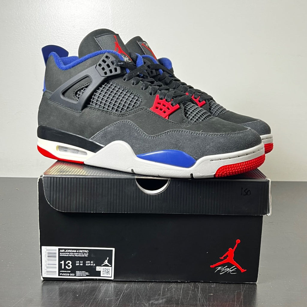 Jordan 4 Retro Rare Air (Gold Lettering) 13 (Lightly Worn Pre-Owned)JordanBlack/Fire Red/Deep Royal Blue/Dark Smoke Grey/Tech Grey - Image 1