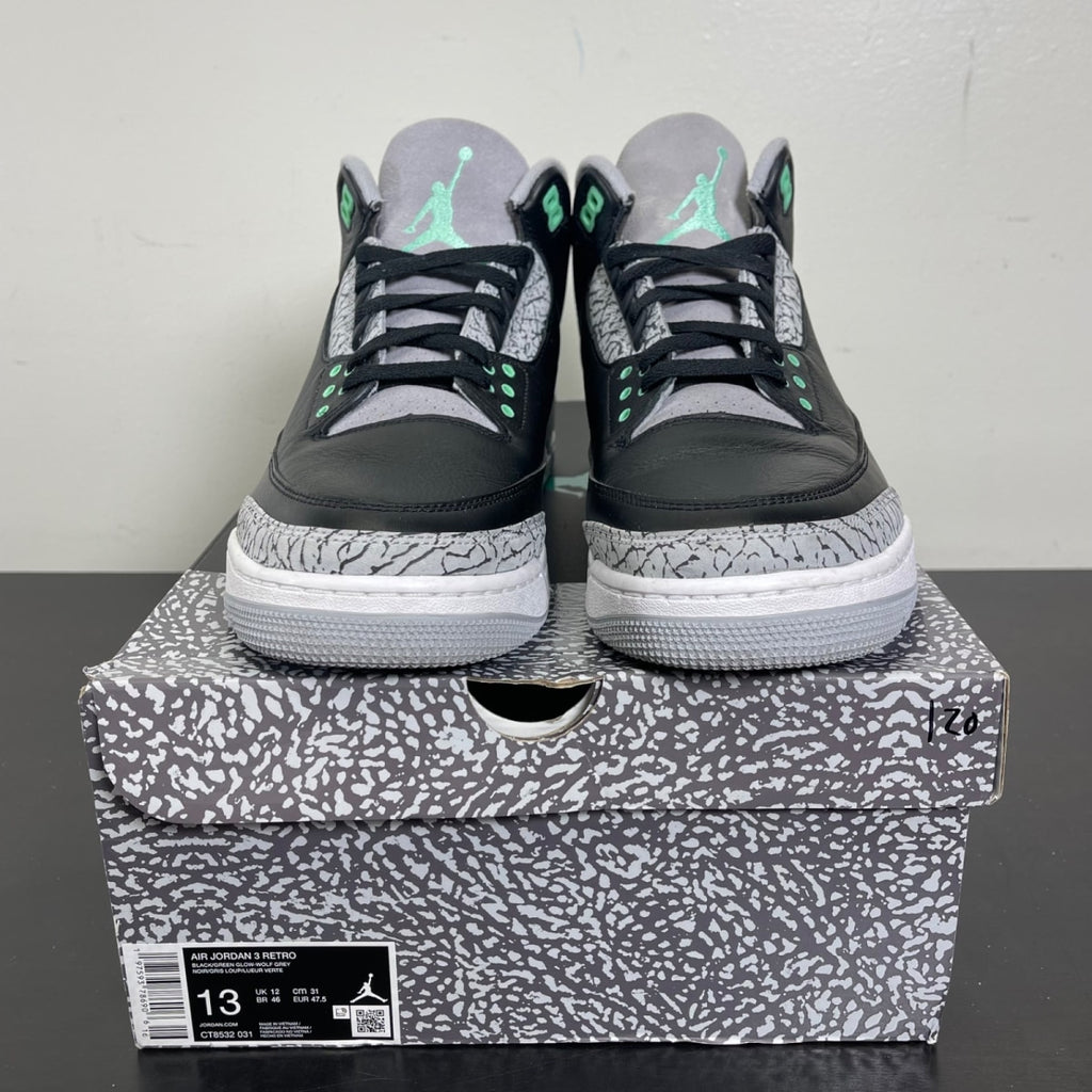 Jordan 3 Retro Green Glow 13 (Moderately Worn Pre-Owned)JordanBlack/Green Glow/Wolf Grey/White - Image 2