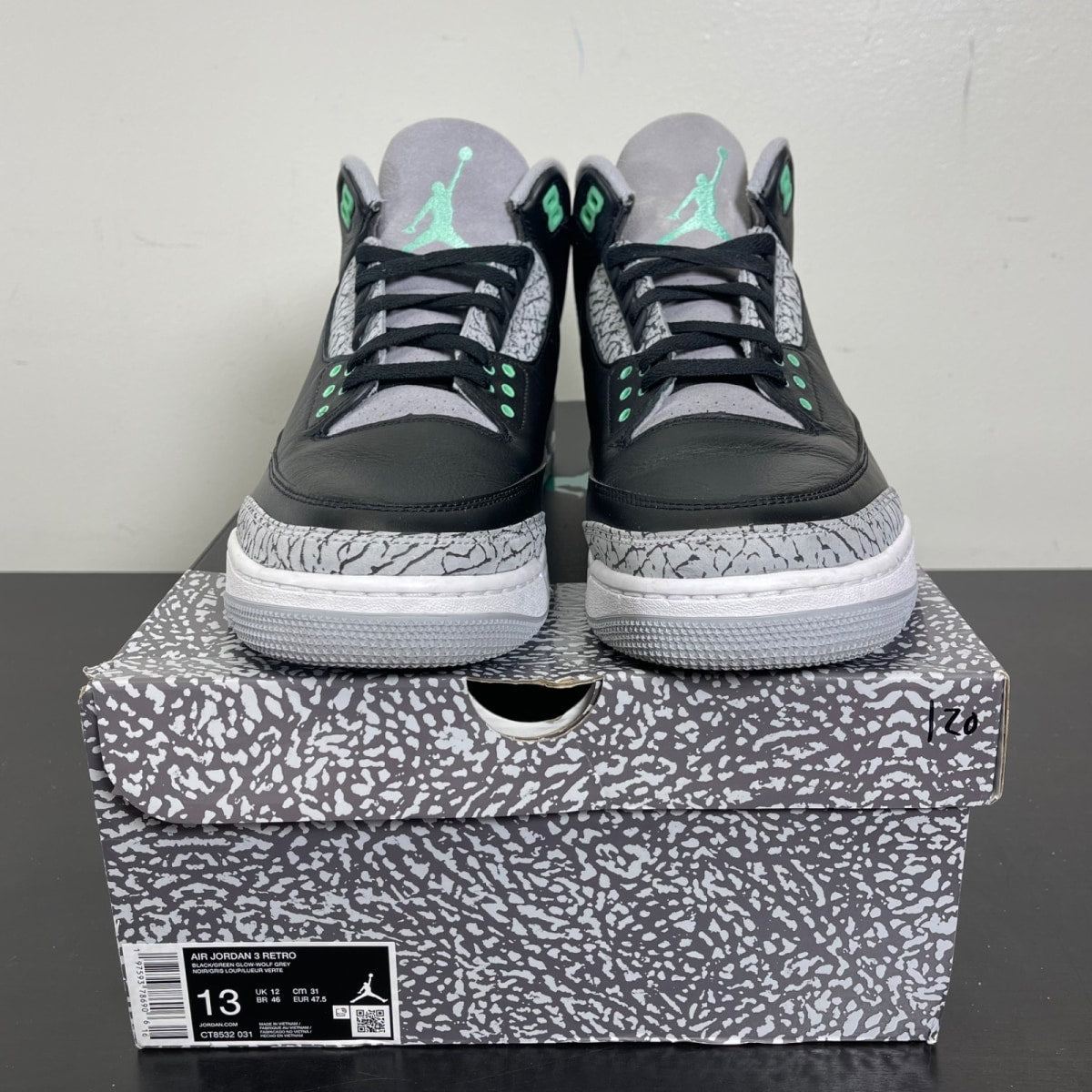 Jordan 3 Retro Green Glow 13 (Moderately Worn Pre-Owned)JordanBlack/Green Glow/Wolf Grey/White - Image 2