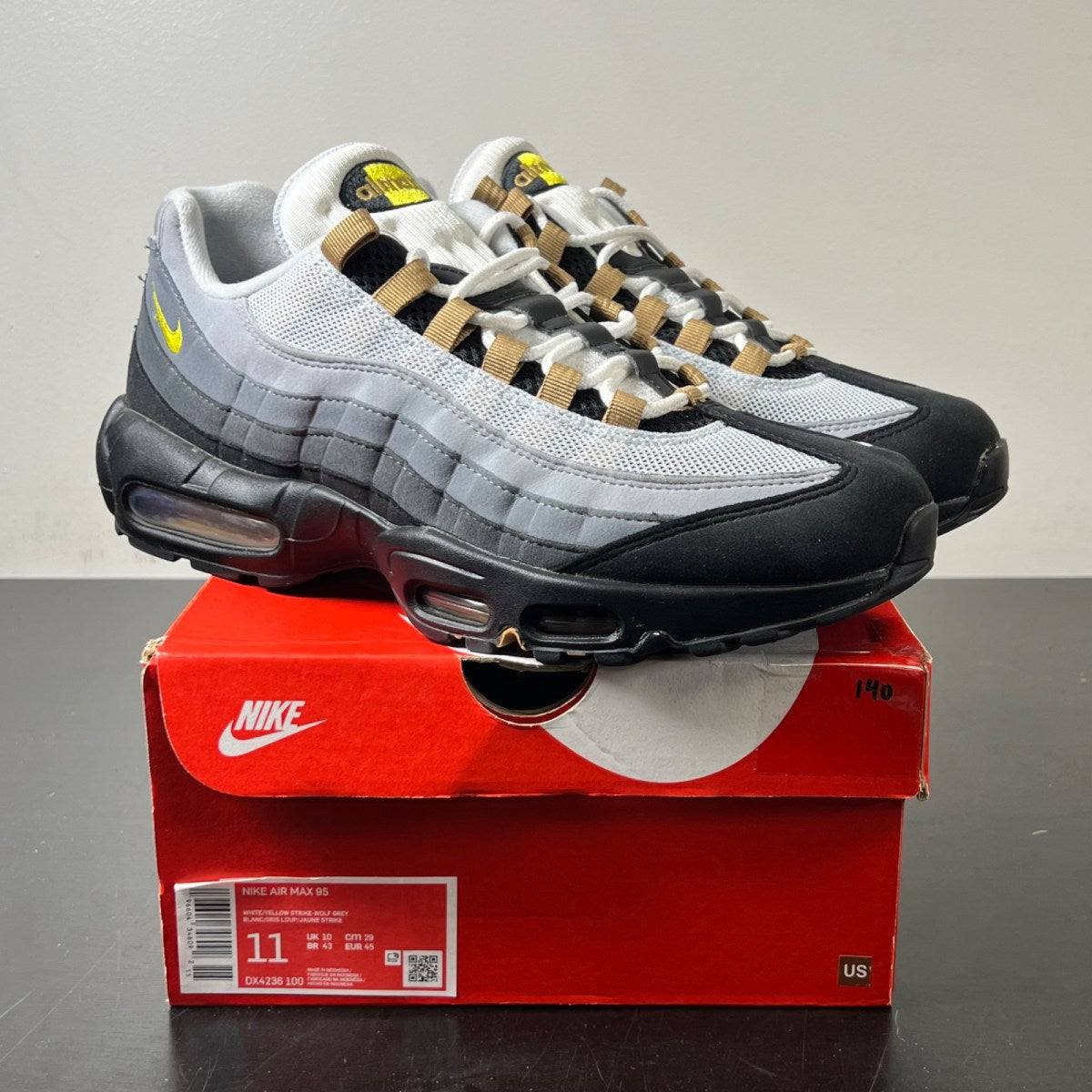 Nike Air Max 95 Icons Yellow Strike 11 (Lightly Worn Pre-Owned)NikeWhite/Wolf Grey/Cool Grey/Yellow Strike - Image 1