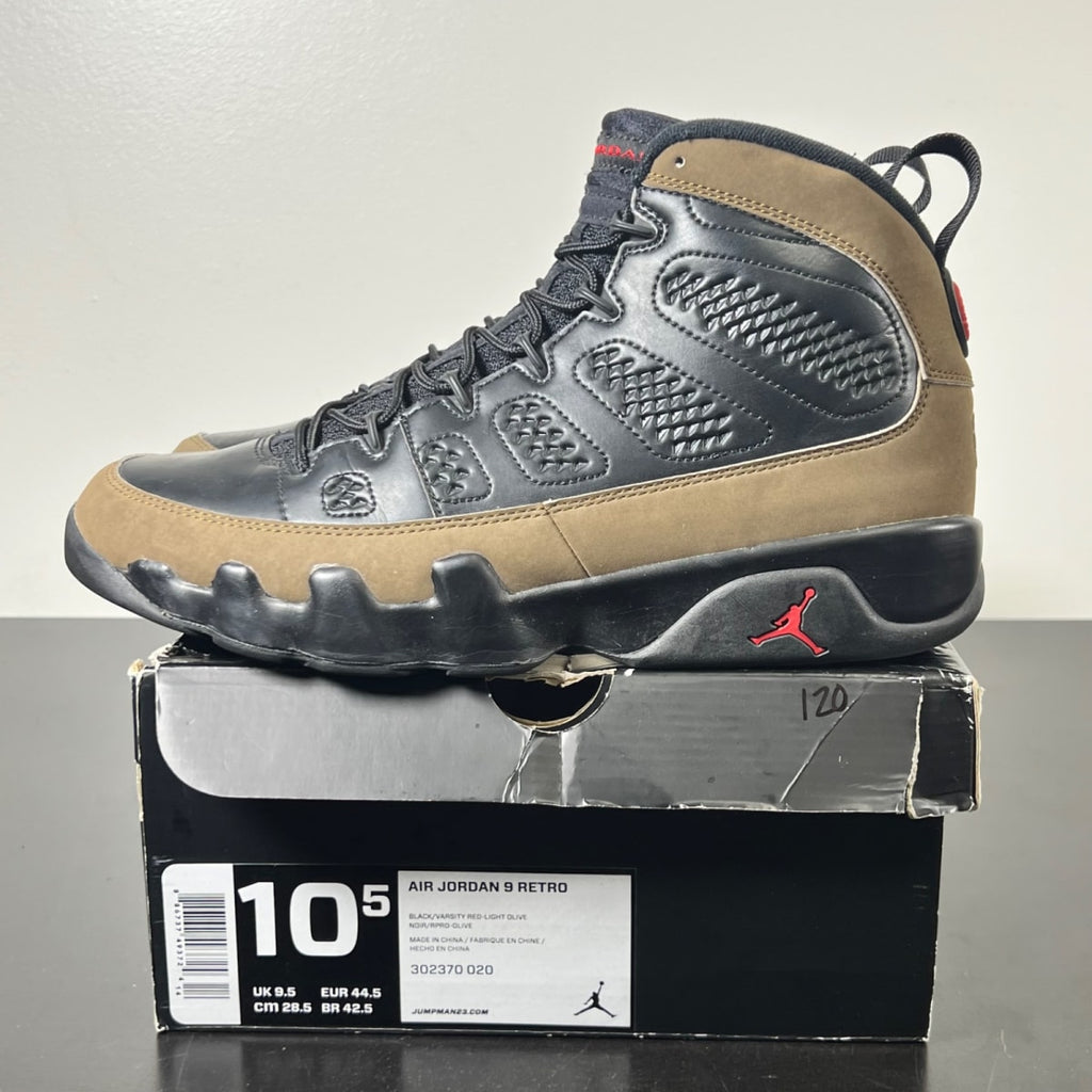 Jordan 9 Retro Olive (2012) 10.5 (Moderately Worn Pre-Owned)JordanBlack/Light Olive-Varsity Red - Image 3