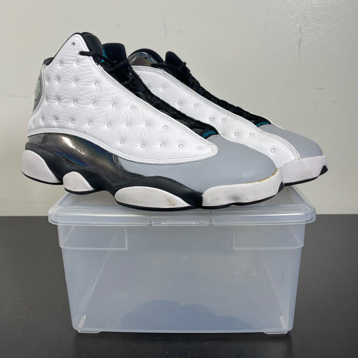 Jordan 13 Retro Barons Hologram 10 (Moderately Worn Pre-Owned)JordanWhite/Tropical Teal-Black-Wolf Grey - Image 1