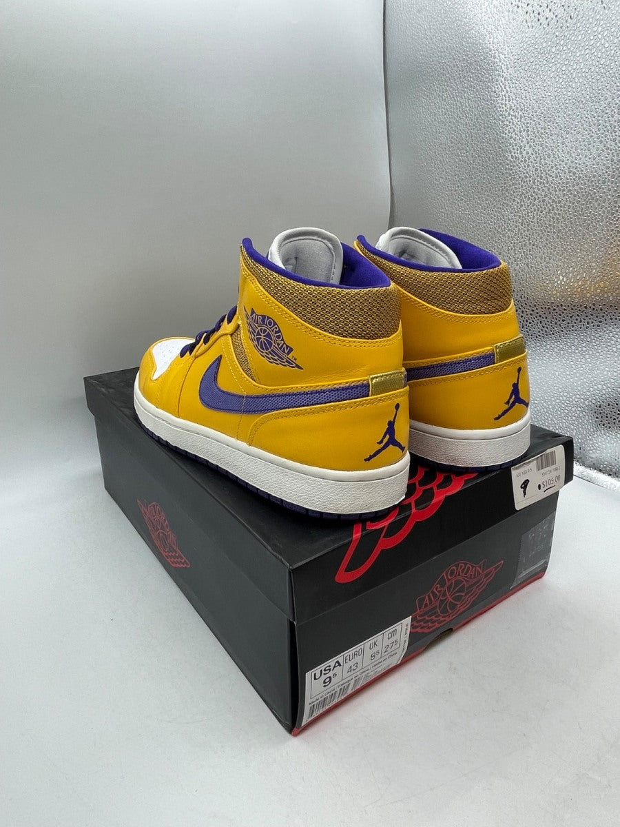 Jordan 1 Mid Lakers 9.5 (Moderately Worn Pre-Owned)JordanUniversity Gold/Tour Yellow-White-Grape Ice - Image 4