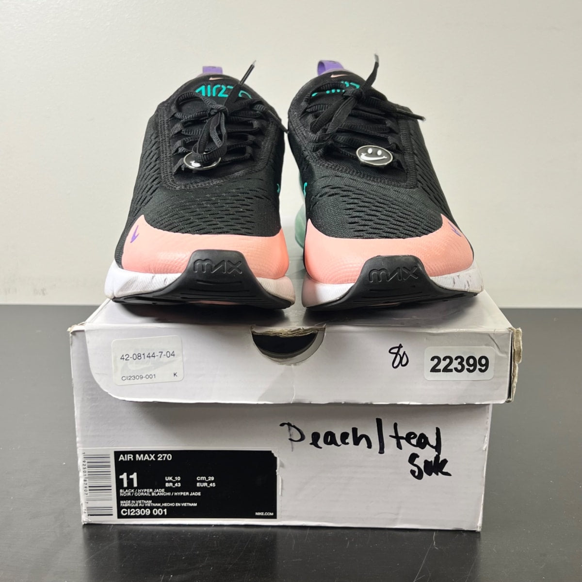 Nike Air Max 270 Have a Nike Day 11 (Moderately Worn Pre-Owned)NikeBlack/Hyper Jade-Bleached Coral-Space Purple - Image 2