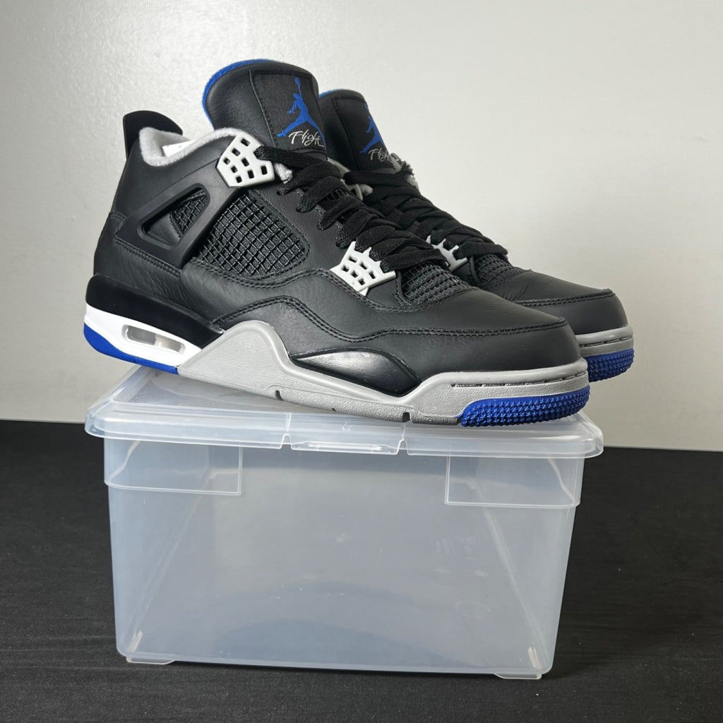 Jordan 4 Retro Motorsports Alternate 10 (New Pre-Owned)JordanBlack/Game Royal-Matte Silver-White - Image 1