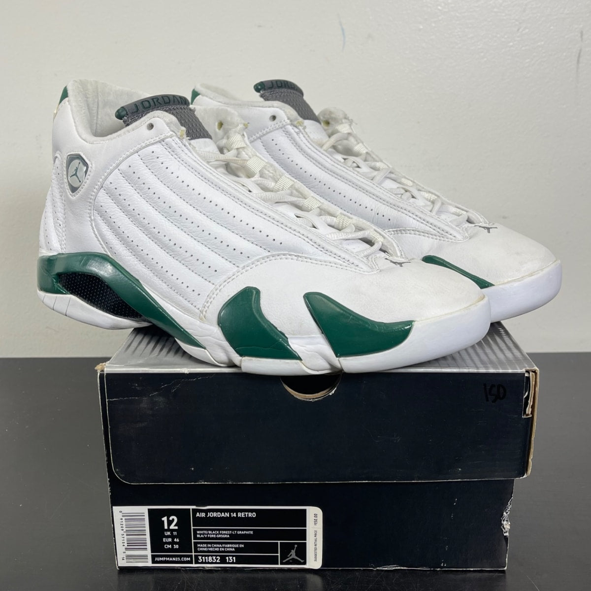 Jordan 14 Retro White Forest Green 12 (Moderately Worn Pre-Owned)JordanWhite/Black-Deep Forest Green-Graphite - Image 1