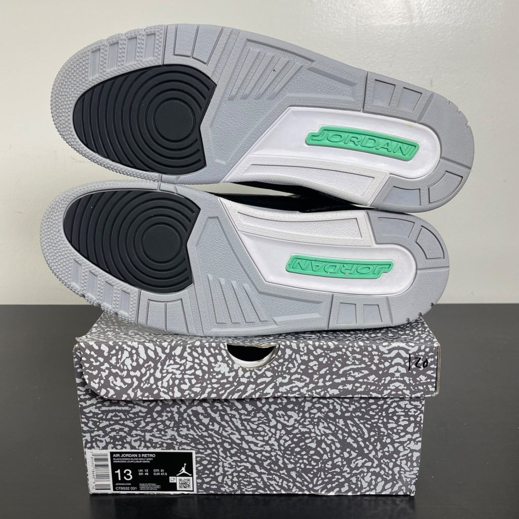 Jordan 3 Retro Green Glow 13 (Moderately Worn Pre-Owned)JordanBlack/Green Glow/Wolf Grey/White - Image 5
