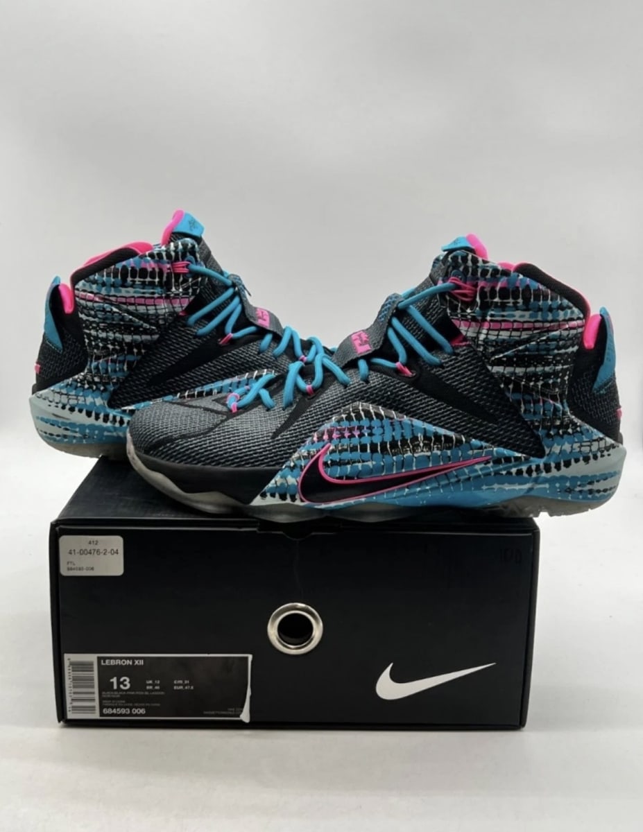 Nike LeBron 12 23 Chromosomes 13 (Moderately Worn Pre-Owned)NikeBlack/Pink Power-Blue Lagoon - Image 1