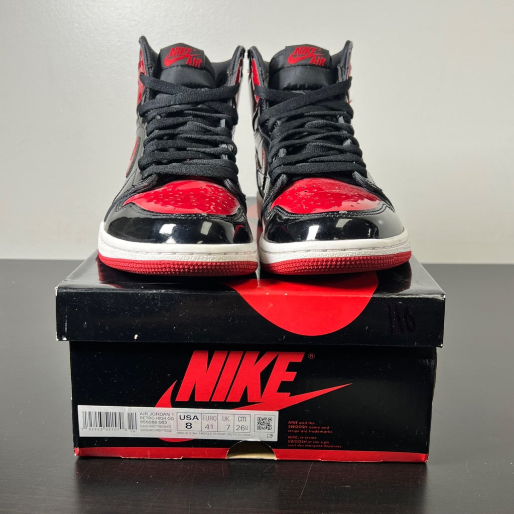 Jordan 1 Retro High OG Patent Bred 8 (Lightly Worn Pre-Owned)JordanBlack/White-Varsity Red - Image 2