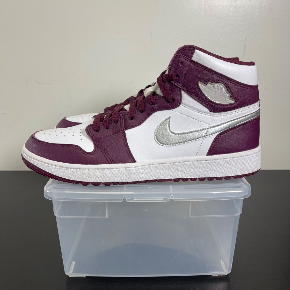 Jordan 1 Retro High Golf Bordeaux 12 (Moderately Worn Pre-Owned)JordanWhite/Bordeaux-Metallic Silver - Image 3
