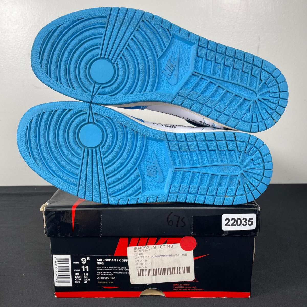 Jordan 1 Retro High Off-White University Blue 9.5 (Moderately Worn Pre-Owned)JordanWhite/Dark Powder Blue-Cone - Image 5