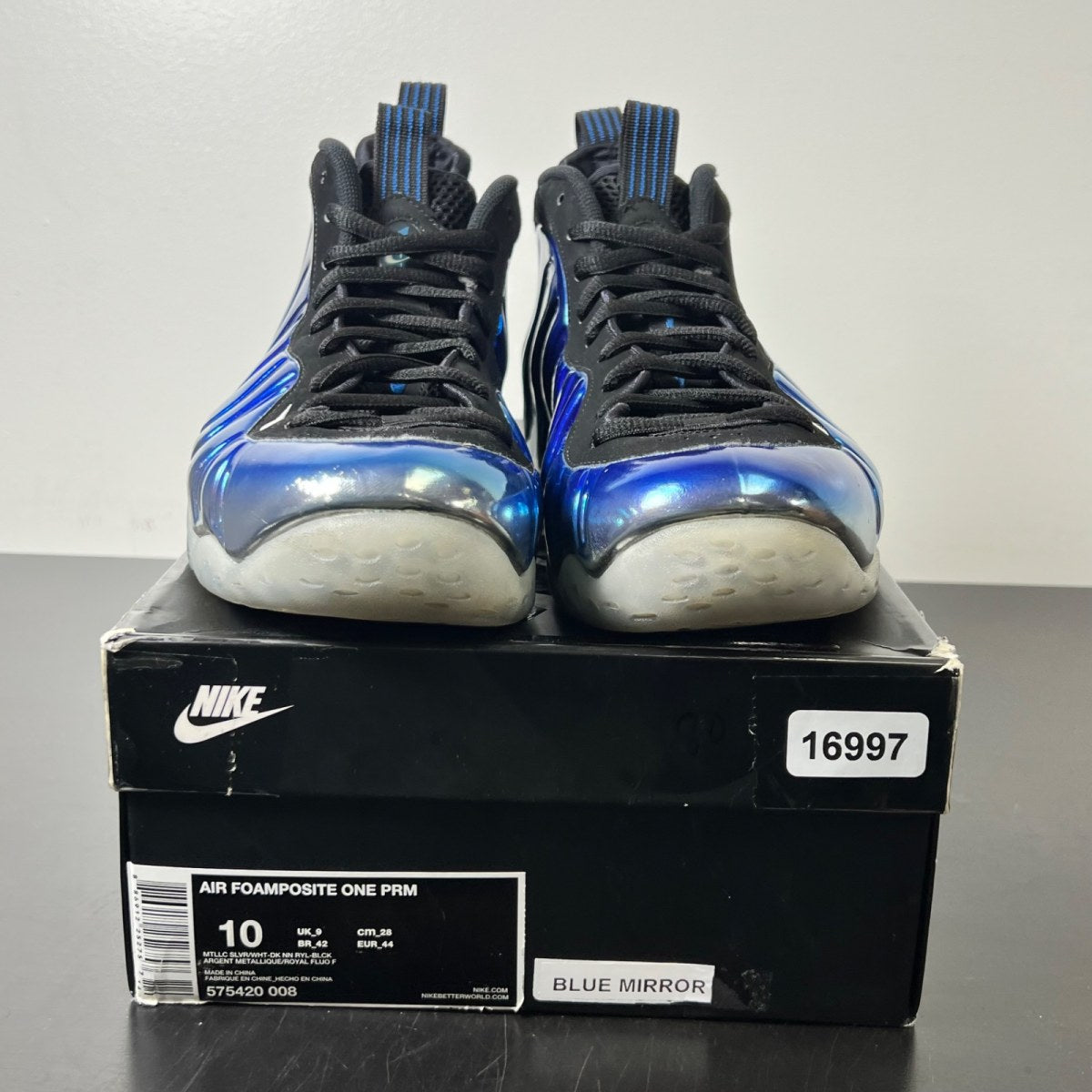 Nike Air Foamposite One Blue Mirror 10 (Moderately Worn Pre-Owned)NikeMetallic Silver/Black-Dark Neon Royal-White - Image 2
