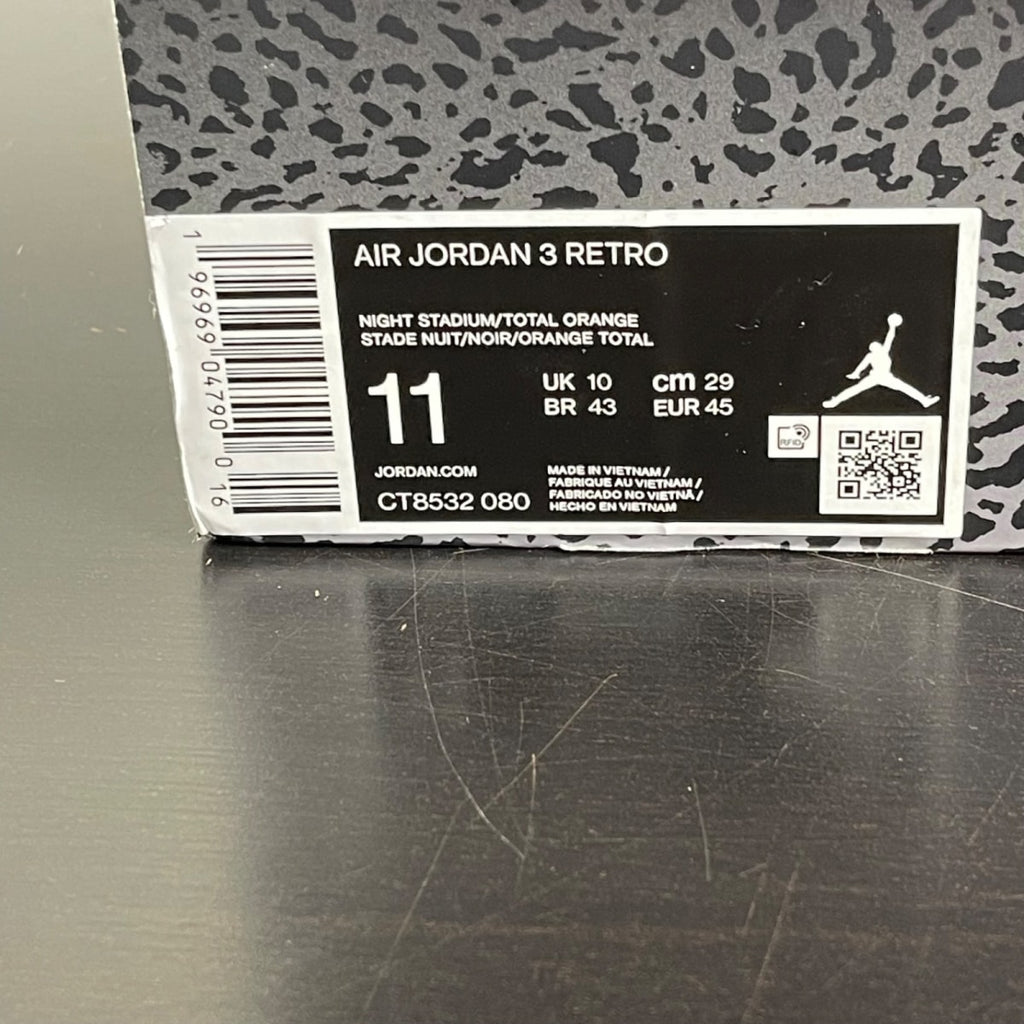 Jordan 3 Retro Fear Pack (2023) 11 (Moderately Worn Pre-Owned)JordanNight Stadium/Total Orange-Black-Flat Pewter-Neutral Grey - Image 7