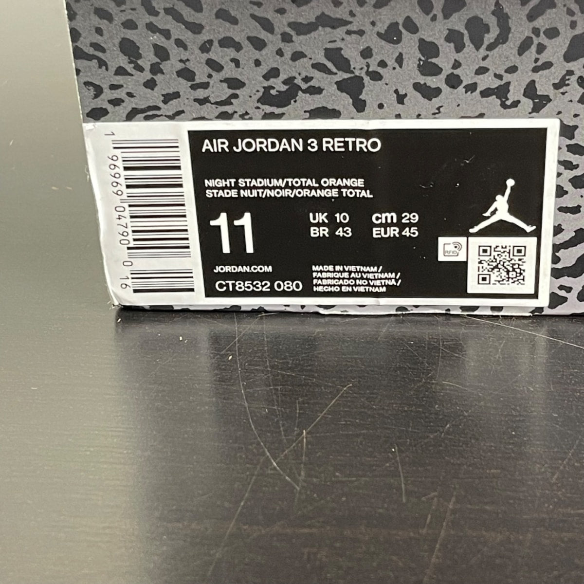Jordan 3 Retro Fear Pack (2023) 11 (Moderately Worn Pre-Owned)JordanNight Stadium/Total Orange-Black-Flat Pewter-Neutral Grey - Image 7