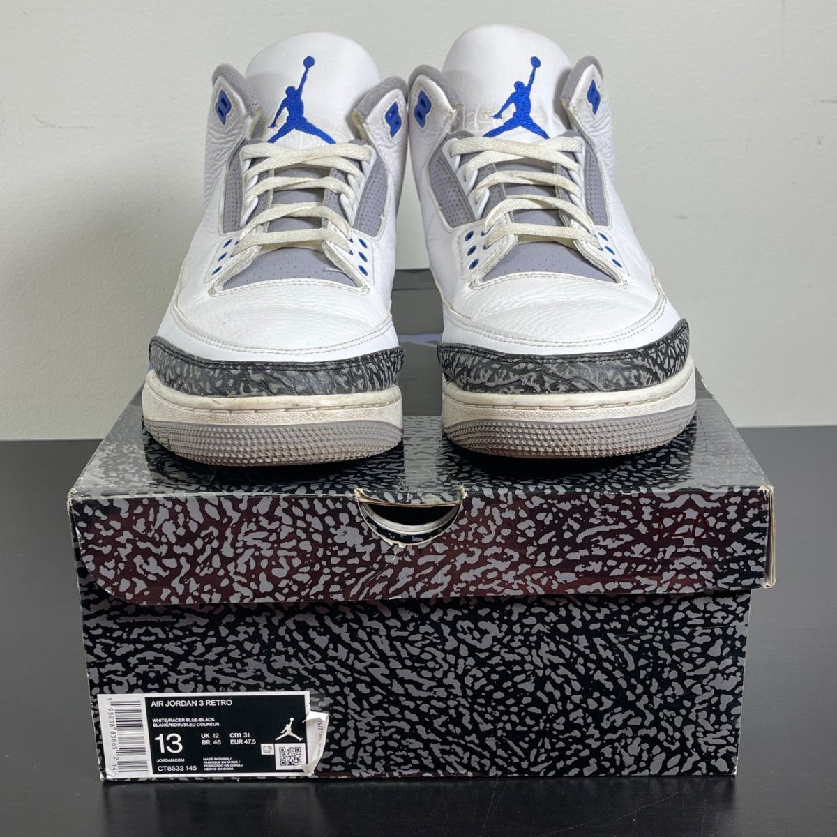 Jordan 3 Retro Racer Blue 13 (Moderately Worn Pre-Owned)JordanWhite/Black-Cement Grey-Racer Blue - Image 2