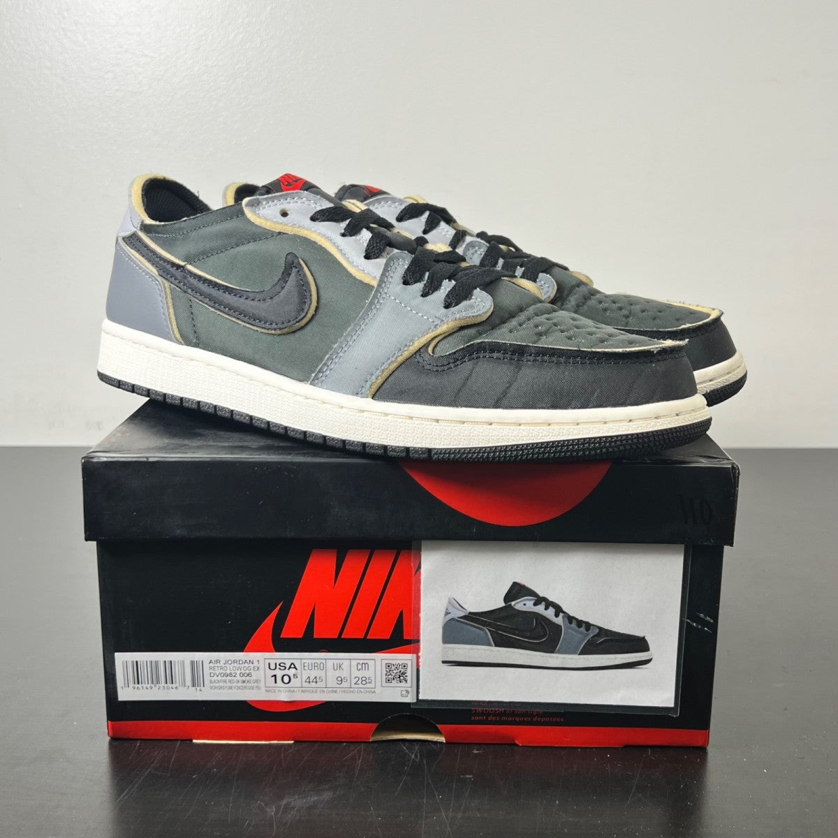 Jordan 1 Low OG EX Black Smoke Grey 10.5 (Lightly Worn Pre-Owned)JordanBlack/Dark Smoke Grey-Light Smoke Grey-Sail-Coconut Milk - Image 1