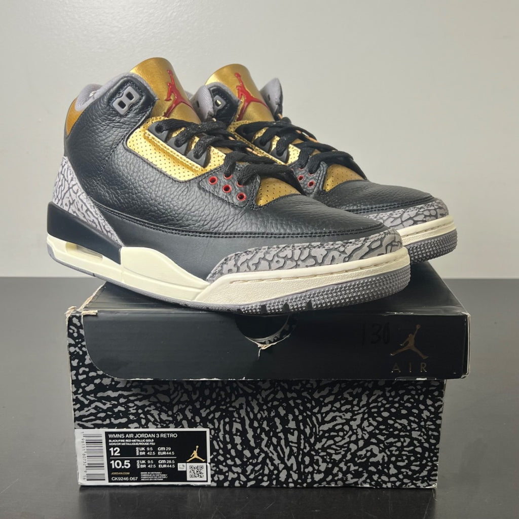 Jordan 3 Retro Black Cement Gold (Women's) 12W (Lightly Worn Pre-Owned)JordanBlack/Fire Red/Metallic Gold/Cement Grey - Image 1
