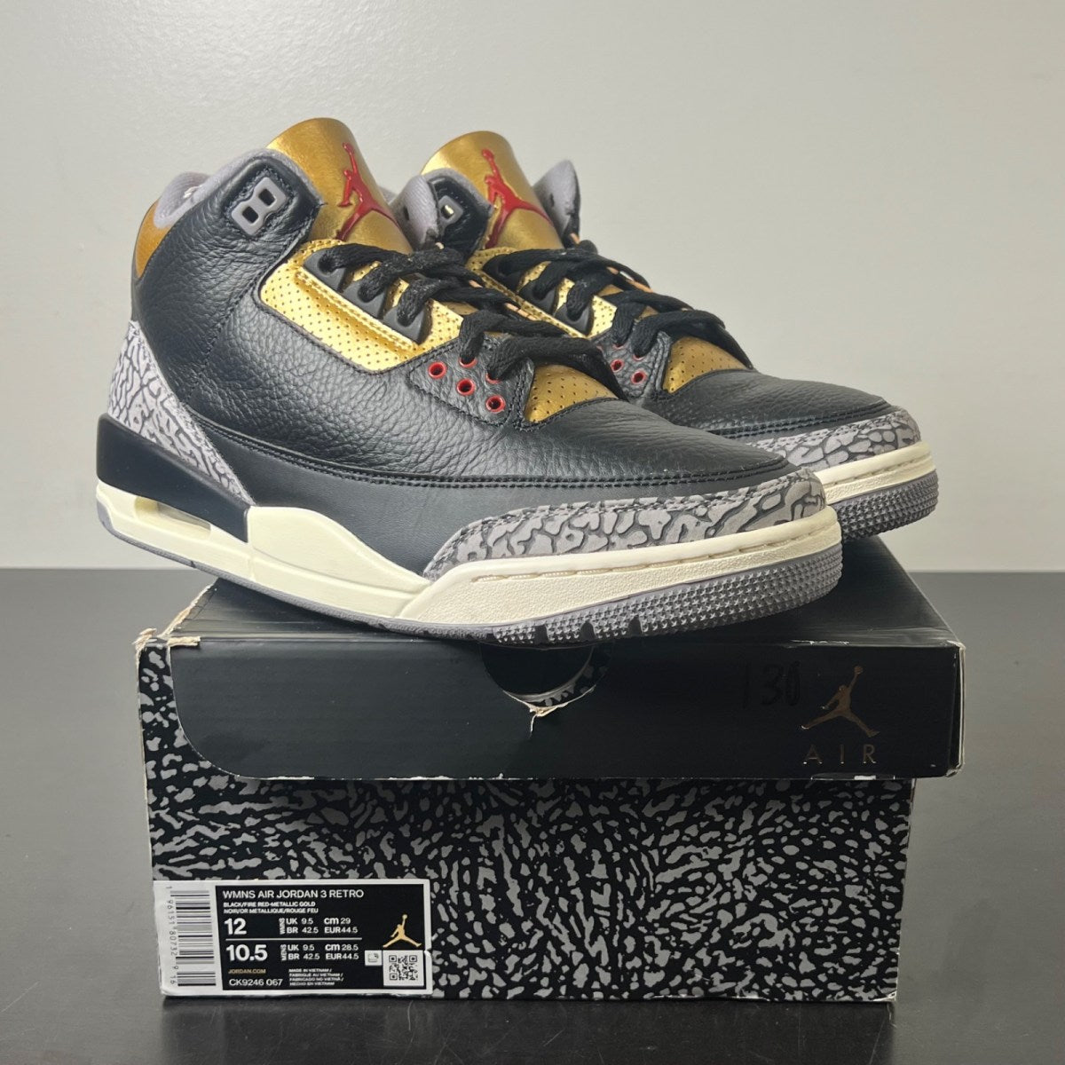 Jordan 3 Retro Black Cement Gold (Women's) 12W (Lightly Worn Pre-Owned)JordanBlack/Fire Red/Metallic Gold/Cement Grey - Image 1