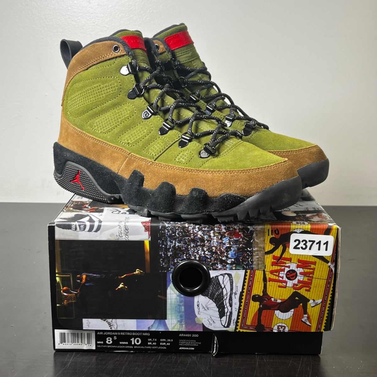 Jordan 9 Retro Boot NRG Military Brown 8.5 (Lightly Worn Pre-Owned)JordanMilitary Brown/Legion Green-University Red-Black - Image 1