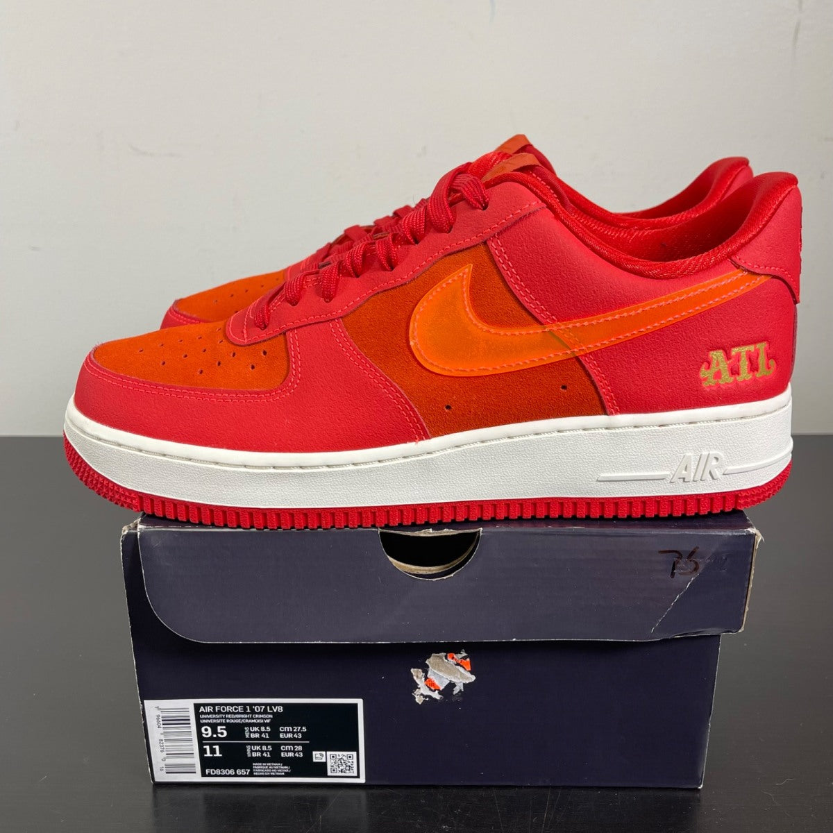 Nike Air Force 1 Low '07 ATL 9.5 (Moderately Worn Pre-Owned)NikeUniversity Red/Bright Crimson-Picante Red-Sail-Metallic Silver - Image 3
