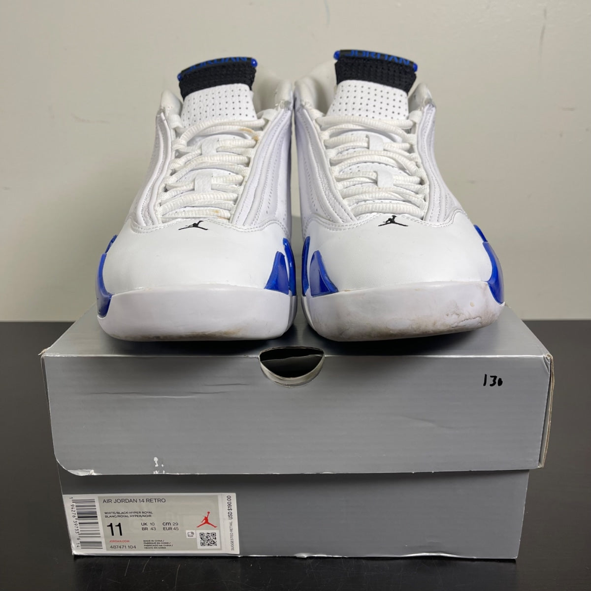 Jordan 14 Retro White Hyper Royal 11 (Moderately Worn Pre-Owned)JordanWhite/Black-Hyper Royal - Image 2