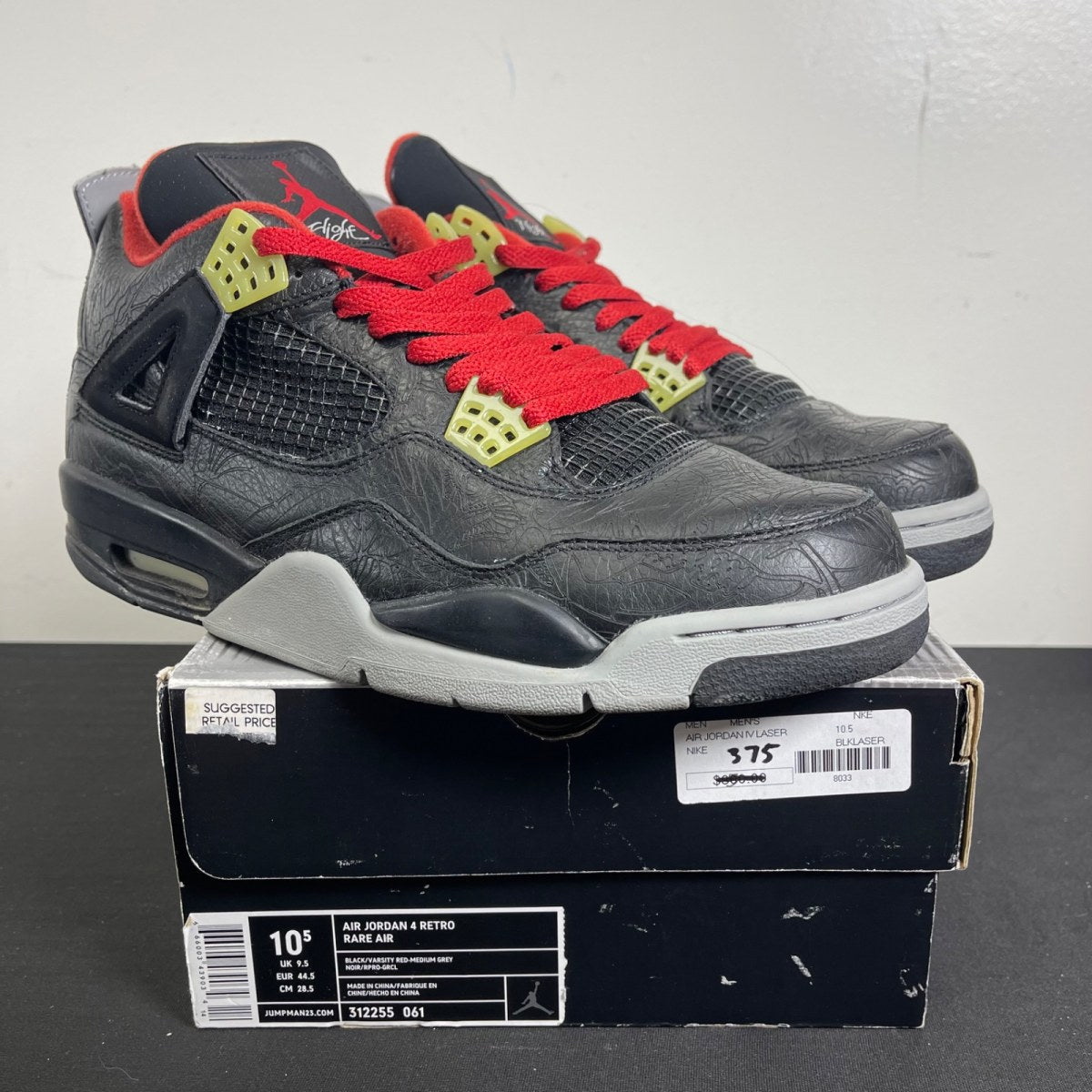 Jordan 4 Retro Black Laser 10.5 (Moderately Worn Pre-Owned)JordanBlack/Varsity Red-Medium Grey Laser - Image 1